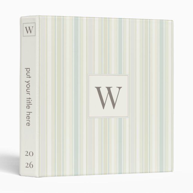 Initial Neutral Dusty Blue Stripe Rustic Farmhouse 3 Ring Binder (Front/Spine)