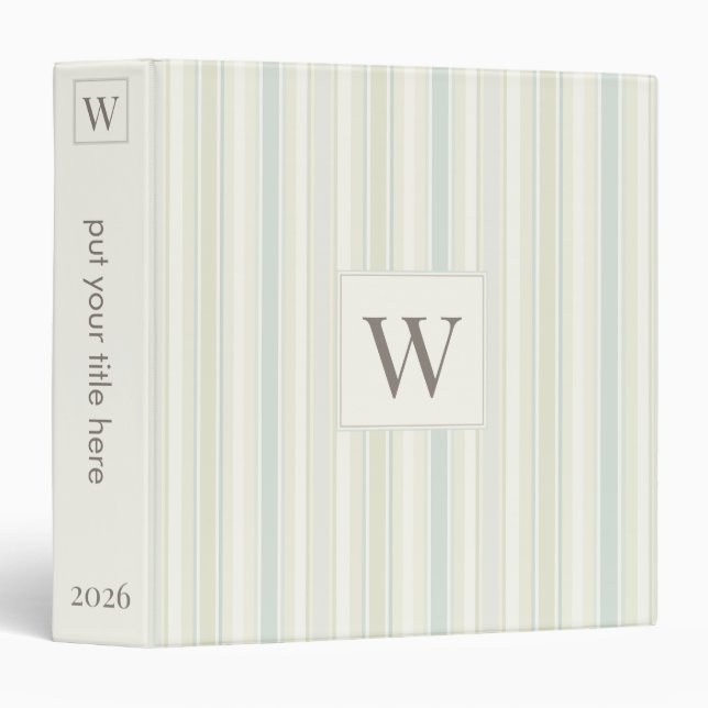 Initial Neutral Dusty Blue Stripe Rustic Farmhouse 3 Ring Binder (Front/Spine)