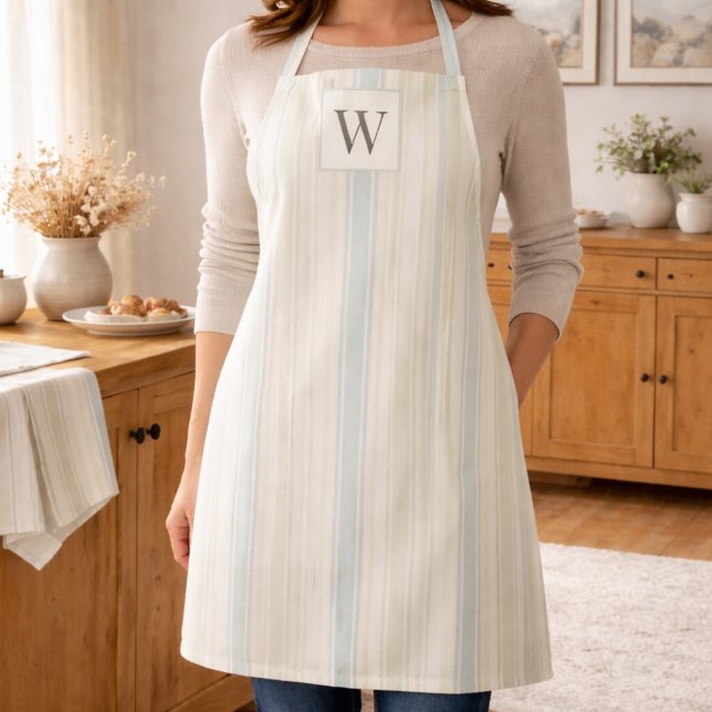 Initial Neutral Dusty Blue Stripe Rustic Farmhouse Apron (Creator Uploaded)