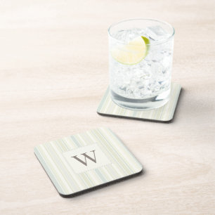Initial Neutral Dusty Blue Stripe Rustic Farmhouse Beverage Coaster
