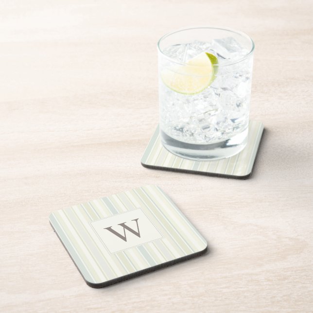 Initial Neutral Dusty Blue Stripe Rustic Farmhouse Beverage Coaster (Right Side)