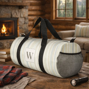 Initial Neutral Dusty Blue Stripe Rustic Farmhouse Duffle Bag