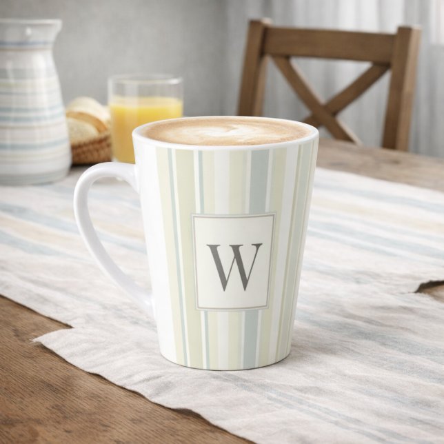 Initial Neutral Dusty Blue Stripe Rustic Farmhouse Latte Mug (Creator Uploaded)