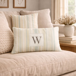 Initial Neutral Dusty Blue Stripe Rustic Farmhouse Lumbar Pillow