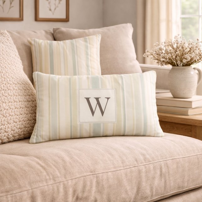 Initial Neutral Dusty Blue Stripe Rustic Farmhouse Lumbar Pillow (Creator Uploaded)