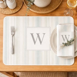 Initial Neutral Dusty Blue Stripe Rustic Farmhouse Placemat
