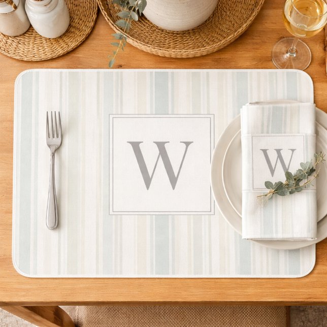 Initial Neutral Dusty Blue Stripe Rustic Farmhouse Placemat (Creator Uploaded)