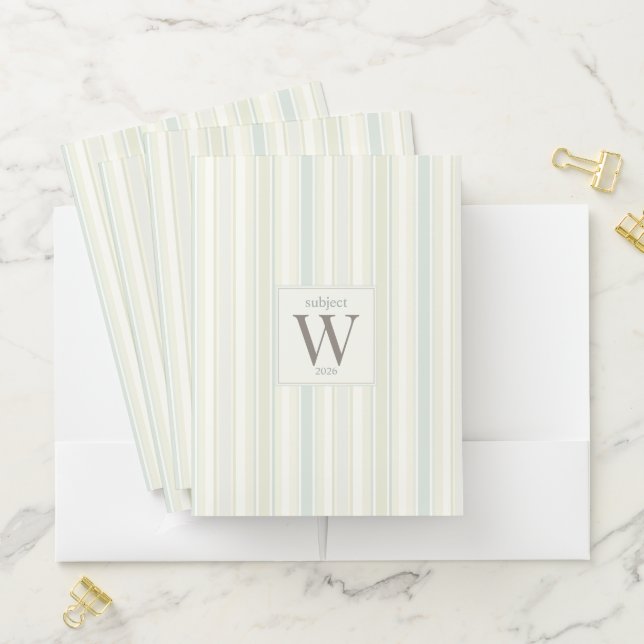 Initial Neutral Dusty Blue Stripe Rustic Farmhouse Pocket Folder (In Situ)