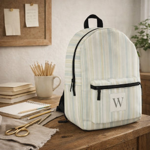 Initial Neutral Dusty Blue Stripe Rustic Farmhouse Printed Backpack