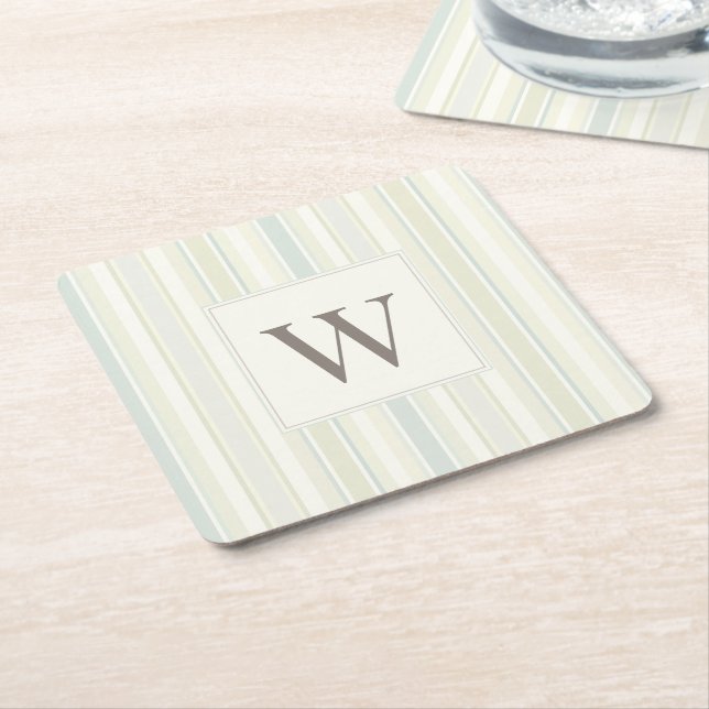 Initial Neutral Dusty Blue Stripe Rustic Farmhouse Square Paper Coaster (Angled)