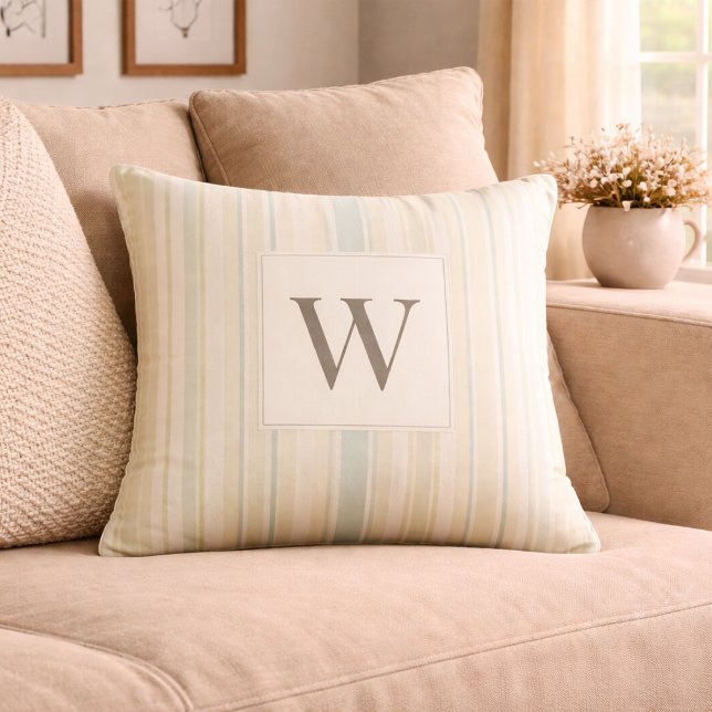 Initial Neutral Dusty Blue Stripe Rustic Farmhouse Throw Pillow (Creator Uploaded)