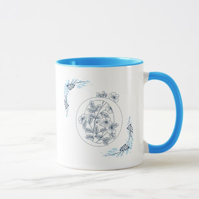 Initial "O" Blue Monogram Calm Floral Coffee Mug (Right)
