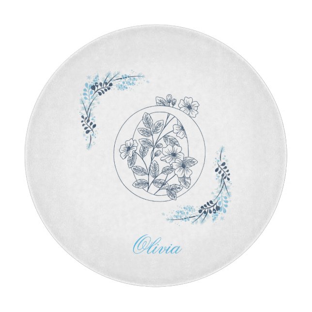 Initial "O" Blue Monogram Calm Floral Cutting Board (Front)