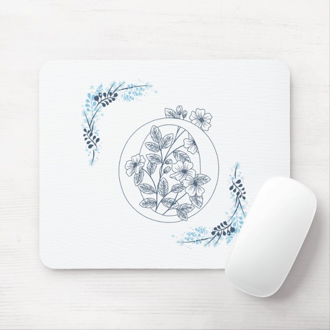 Initial "O" Blue Monogram Calm Floral Mouse Pad (With Mouse)