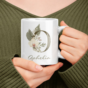 Initial O Boho Floral Orchid Greenery Custom Name Coffee Mug