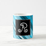 [ Thumbnail: Initial + Ocean-Inspired Blue/Teal/Aqua Stripes Coffee Mug ]
