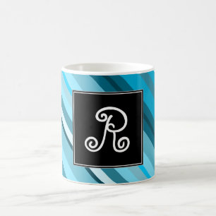 Initial + Ocean-Inspired Blue/Teal/Aqua Stripes Coffee Mug