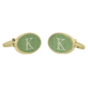 Initial on Olive Green Denim Oval Gold-Plated Cufflinks