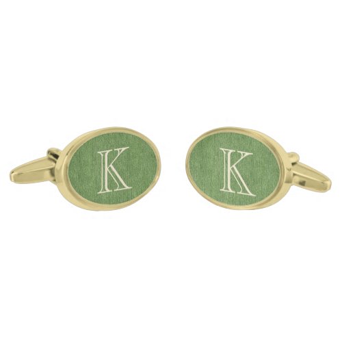 Initial on Olive Green Denim Oval Gold_Plated Cufflinks