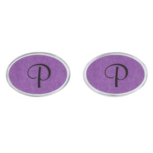 Initial on Purple Denim Print Oval Silver_Plated Cufflinks