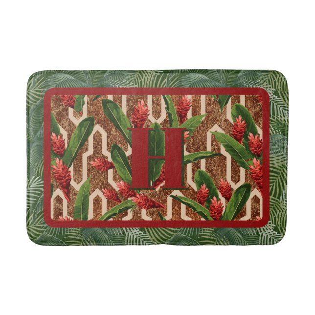Initial on Tropical Plant Pattern Bath Mat (Front)