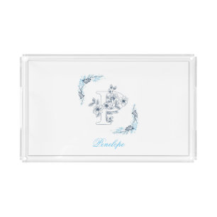 Initial "P" Blue Monogram Calm Floral Acrylic Tray