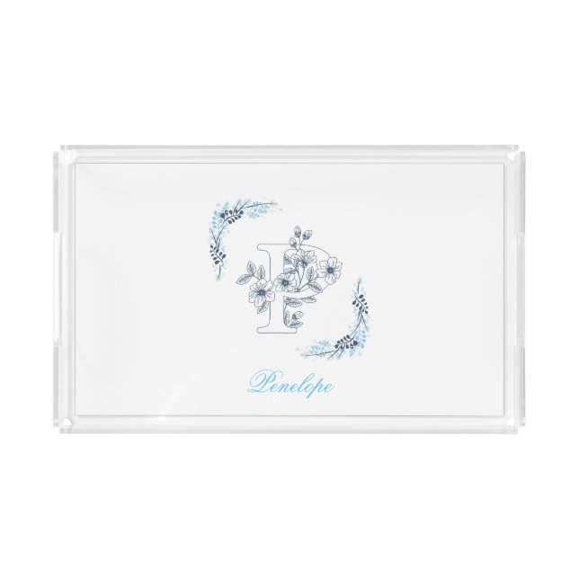 Initial "P" Blue Monogram Calm Floral Acrylic Tray (Front)