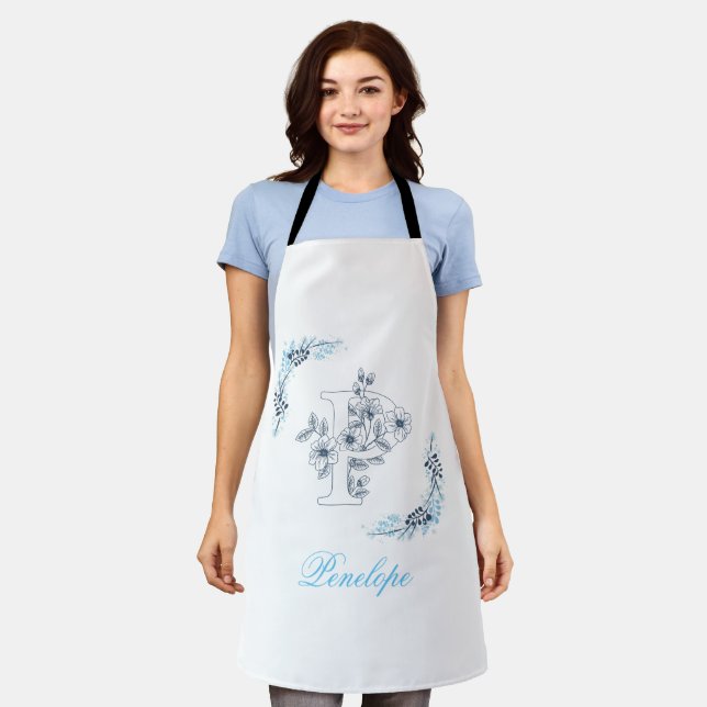 Initial "P" Blue Monogram Calm Floral Apron (Worn)