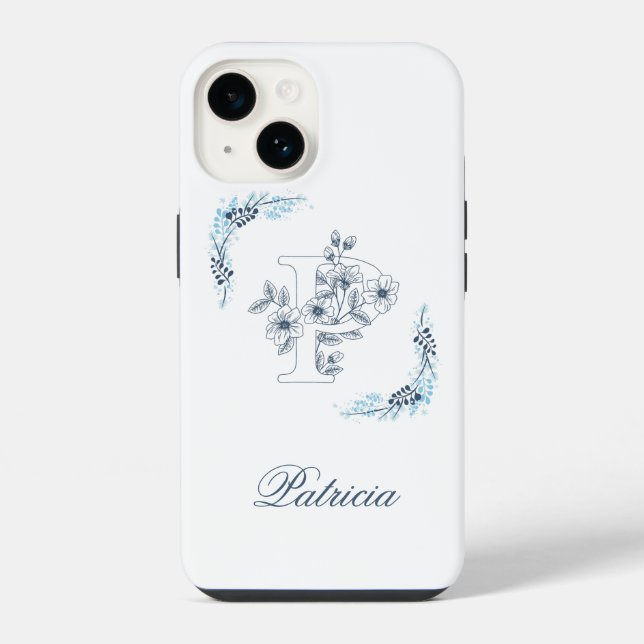 Initial "P" Blue Monogram Calm Floral Iphone Case (Back)