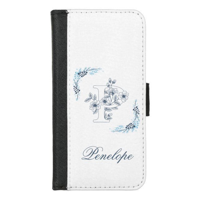 Initial "P" Blue Monogram Calm Floral iPhone Wallet Case (Front)