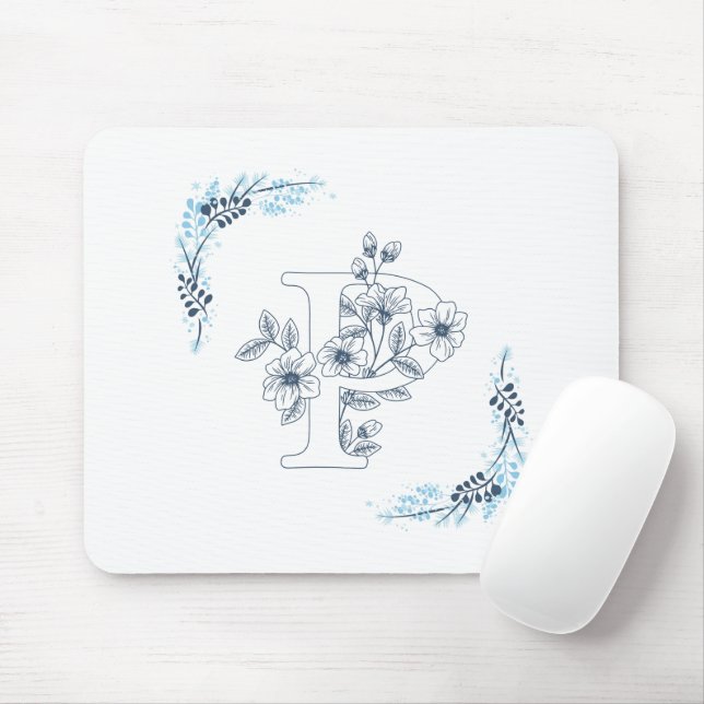 Initial "P" Blue Monogram Calm Floral Mouse Pad (With Mouse)