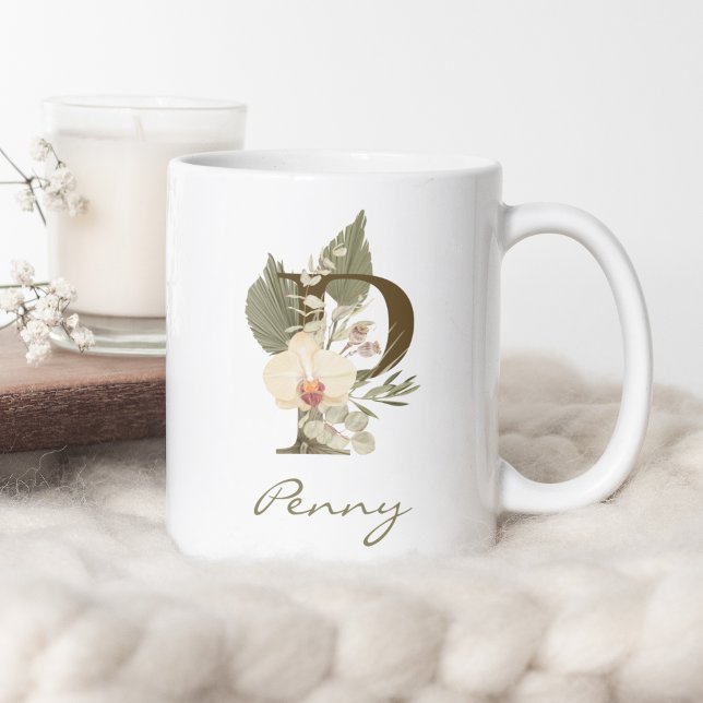 Initial P Boho Floral Orchid Greenery Custom Name Coffee Mug (Creator Uploaded)