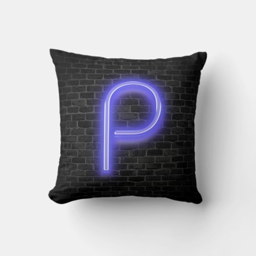 Initial P In Neon Marquee On Brick  Throw Pillow