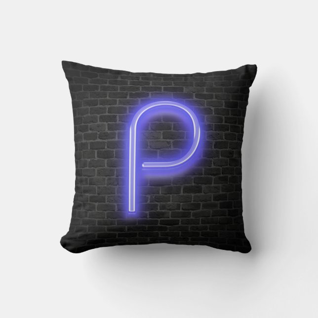 Initial P In Neon Marquee On Brick  Throw Pillow (Front)