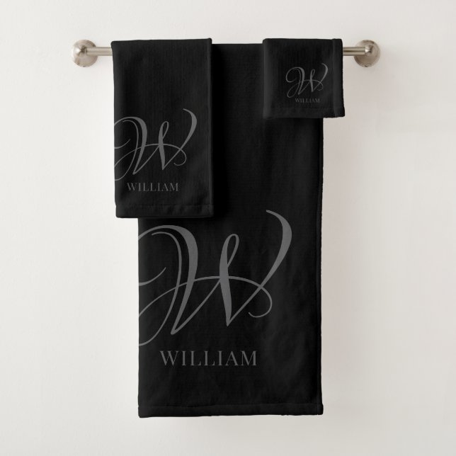 Initial Personalized Elegant Black Grey Monogram  Bath Towel Set (Insitu)