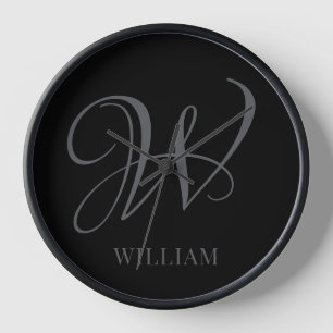 Initial Personalized Elegant Black Grey Monogram Clock