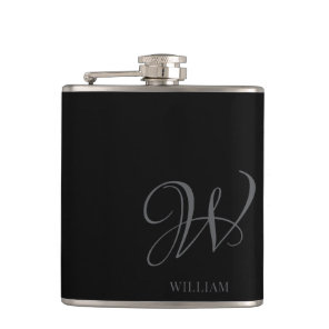 Initial Personalized Elegant Black Grey Monogram  Flask
