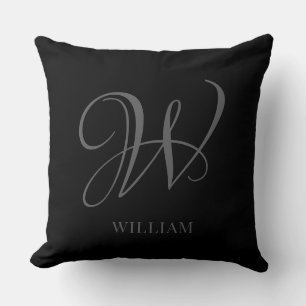 Initial Personalized Elegant Black Grey Monogram Throw Pillow