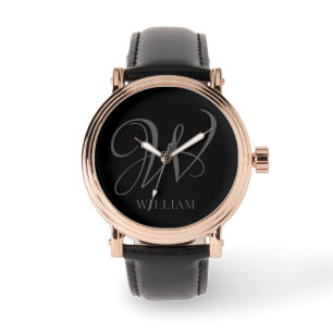 Initial Personalized Elegant Black Grey Monogram Watch