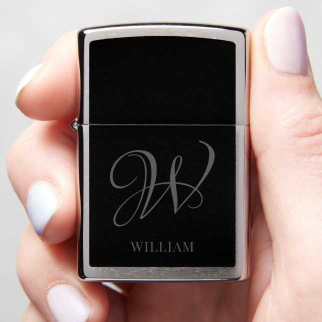 Initial Personalized Elegant Black Grey Monogram  Zippo Lighter (In Hand)