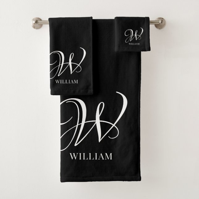 Initial Personalized Elegant Black Monogram  Bath Towel Set (Insitu)