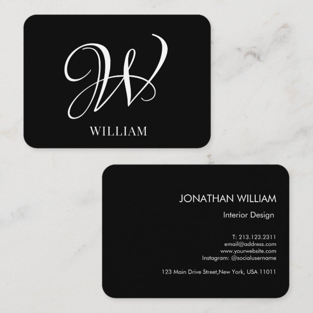 Initial Personalized Elegant Black Monogram  Business Card (Front/Back)