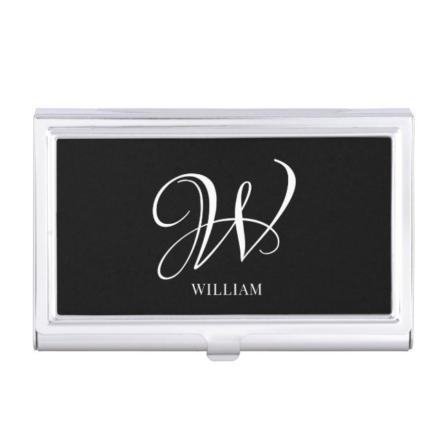 Initial Personalized Elegant Black Monogram  Business Card Case (Front)