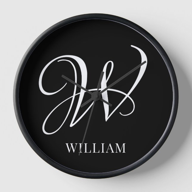 Initial Personalized Elegant Black Monogram  Clock (Front)