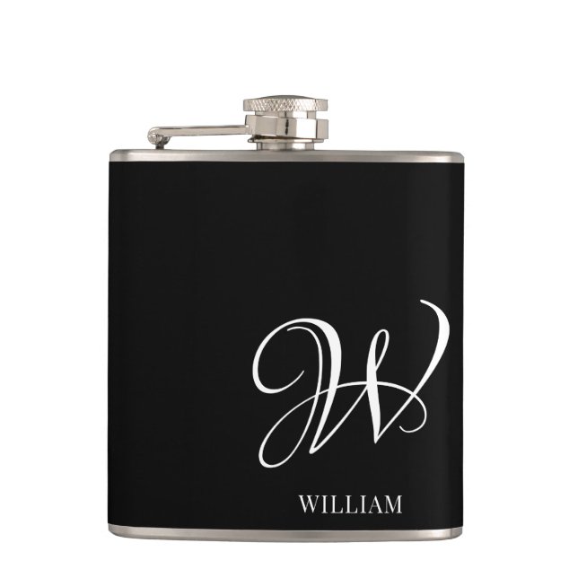 Initial Personalized Elegant Black Monogram  Flask (Front)