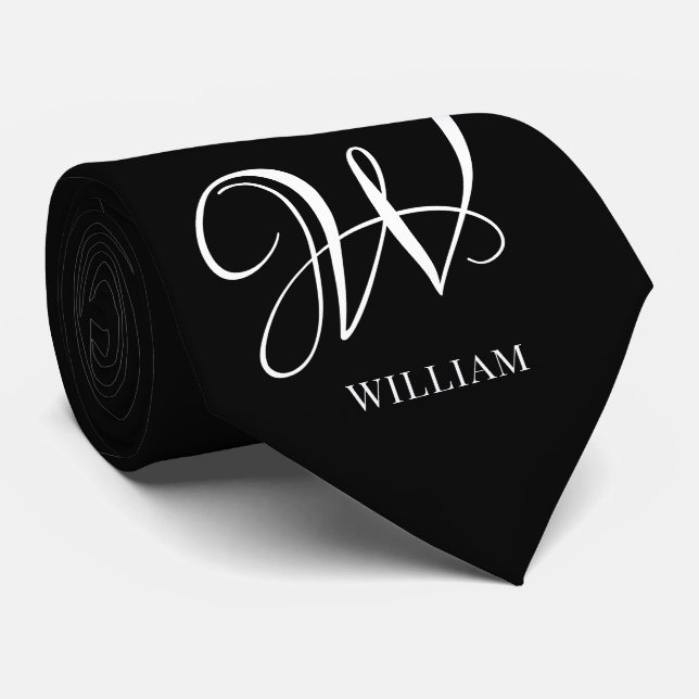 Initial Personalized Elegant Black Monogram  Neck Tie (Rolled)