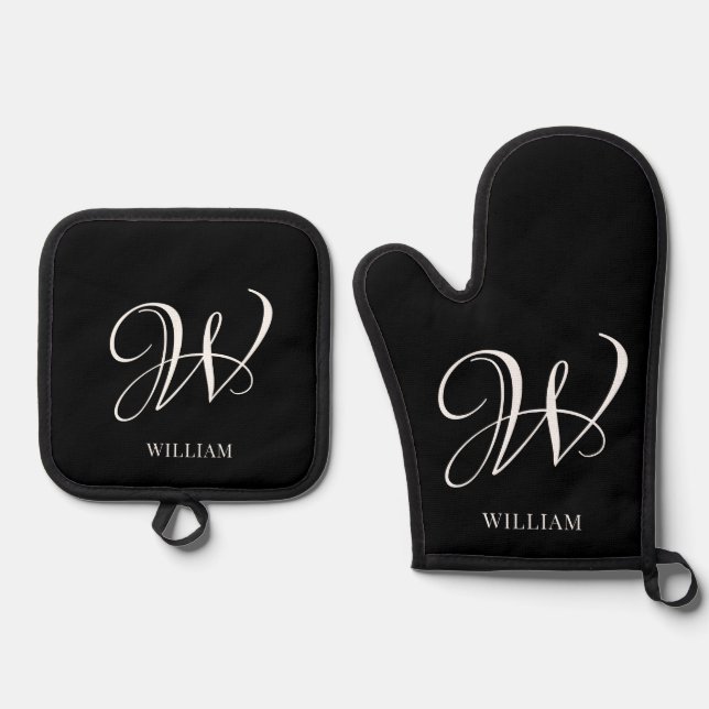 Initial Personalized Elegant Black Monogram  Oven Mitt & Pot Holder Set (Front)