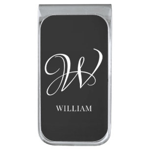 Initial Personalized Elegant Black Monogram Silver Finish Money Clip