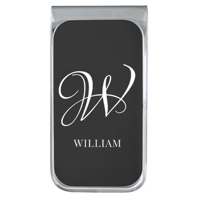 Initial Personalized Elegant Black Monogram  Silver Finish Money Clip (Front Vertical)