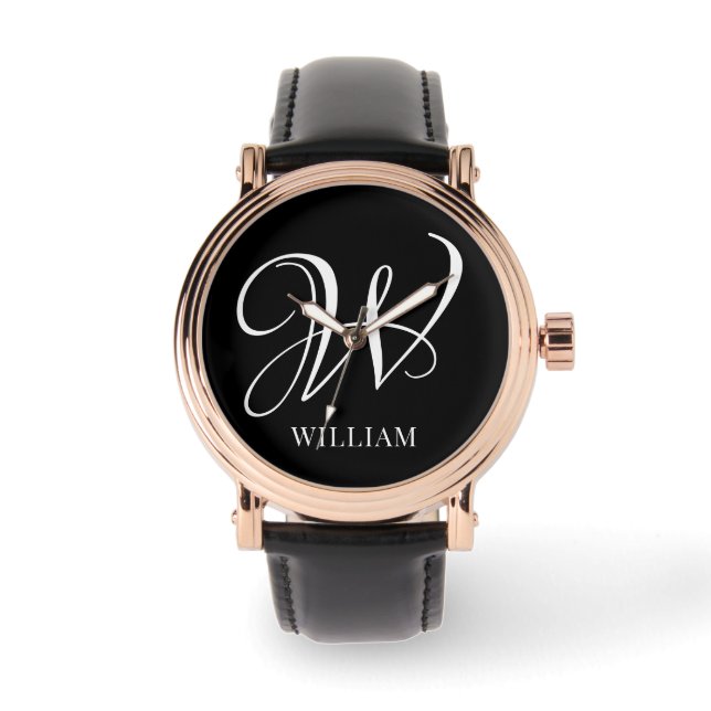 Initial Personalized Elegant Black Monogram  Watch (Front)
